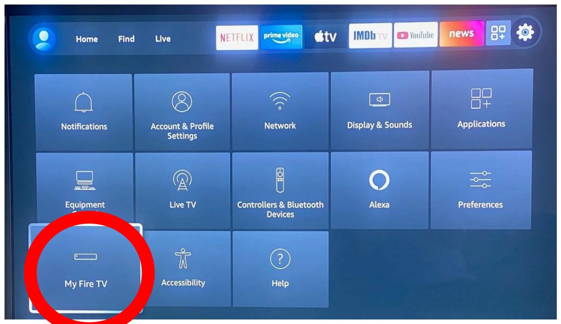 My Fire TV → About — press Select 7× to reveal Developer Options.