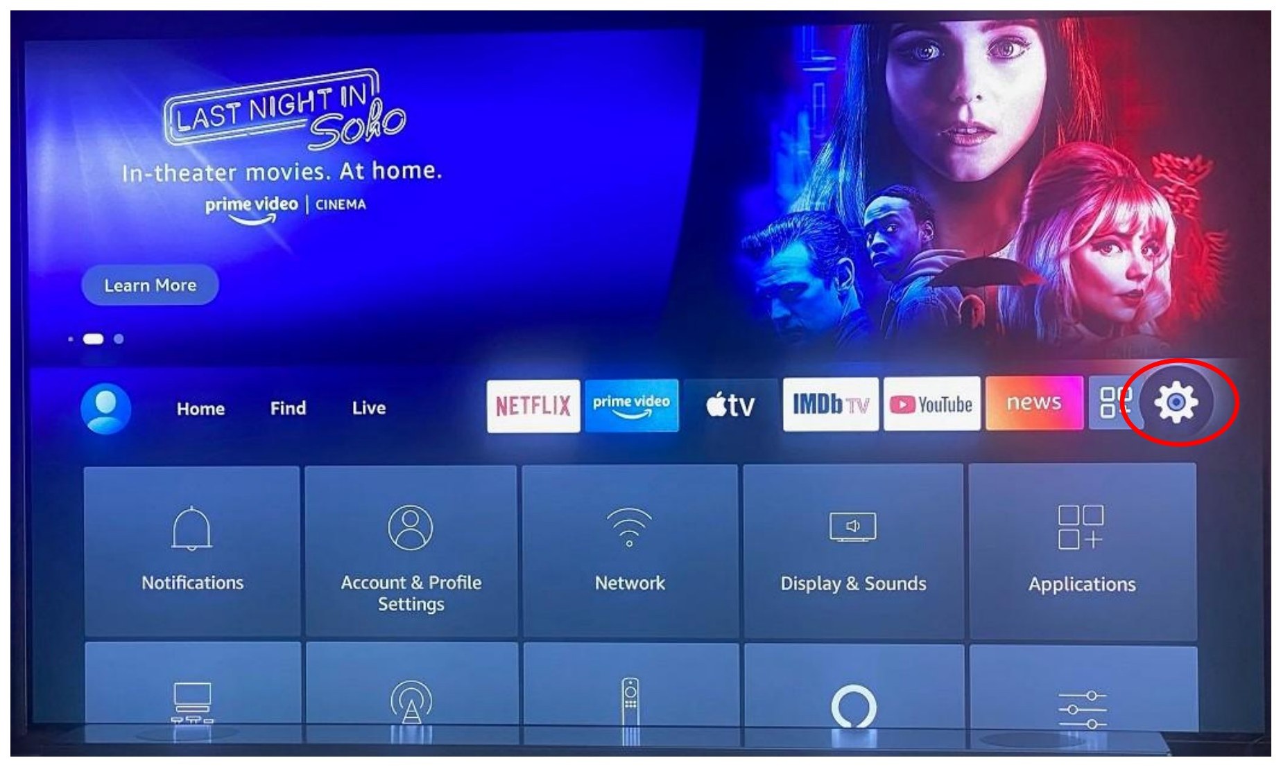 Fire TV home — open Settings (gear icon).